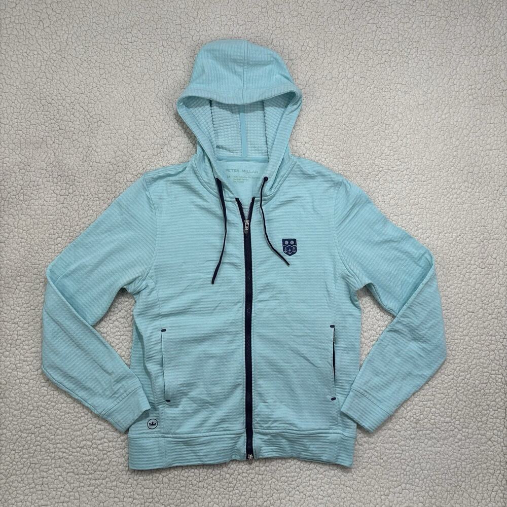 Peter Millar French Terry Full Zip Performance Hoodie Aqua Golf CC Logo Womens M